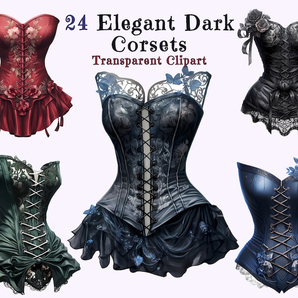 Elegant Dark Corset Clipart Bundle -High Quality Transparent PNGs- Victorian, Gothic, Dark Academia, Floral, Laced Corsets, Instant Download