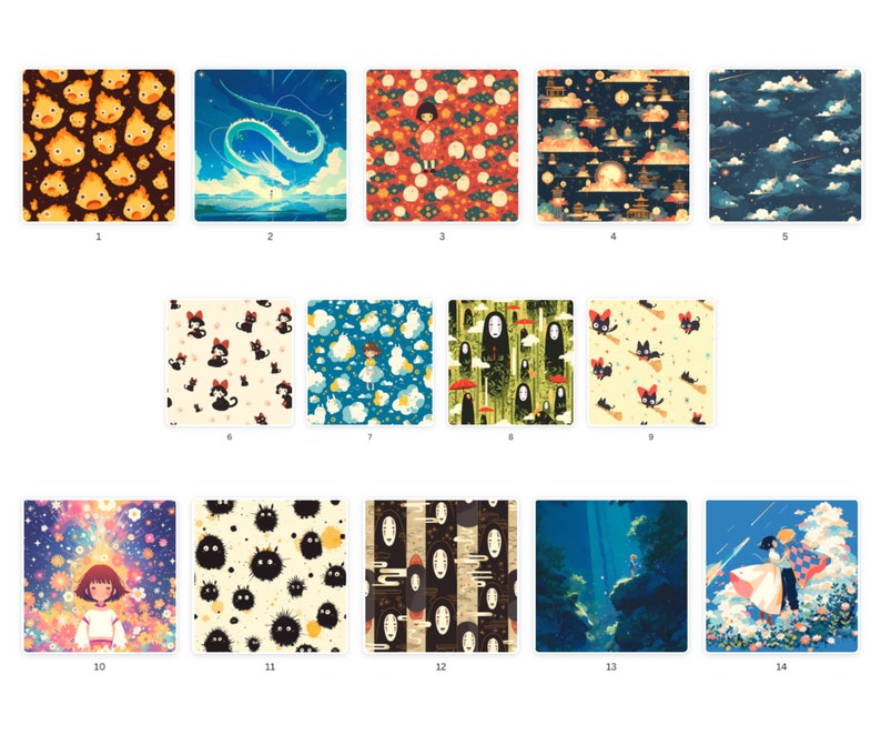 May include: A collection of 14 digital seamless patterns featuring characters and scenes from popular Studio Ghibli films, including Totoro, Spirited Away, Kiki's Delivery Service, and Howl's Moving Castle.