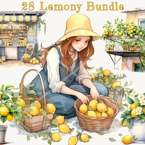 Clipart citron aquarelle lumineux - graphiques numériques PNG de limonade, stand de limonade, dessins d&#39;agrumes, téléchargement immédiat pour usage commercial