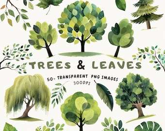 Watercolor Tree Clipart Bundle – 50+ Nature-Inspired Illustrations – Botanical PNGs for Crafts & Printables – Forest Woodland Art