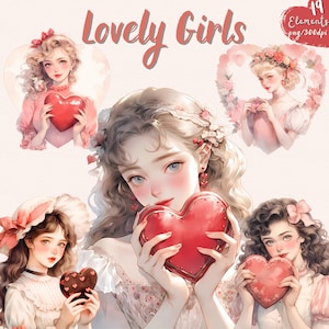 Acuarela Lovely Girls Clipart - Preciosos PNG transparentes, Imágenes Prediseñadas del Día del Amor, PNGs del corazón, Clip Art del Día de San Valentín PNG - Descarga instantánea
