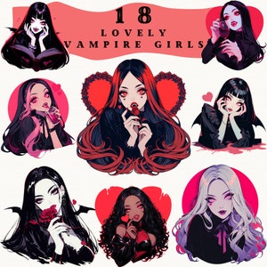 Adesivos digitais adoráveis de Vampire Girls, clipart de vampiro, registro no diário, png fofo e aconchegante, adesivo caprichoso, transparente, álbum de recortes, garota de anime