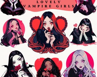 Vampire Girls Clipart Stickers, Cozy Anime PNG (Digital Download)
