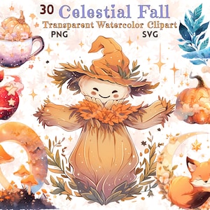 Celestial Fall aquarel clipart bundel: 30 herfst-thema PNG & SVG-afbeeldingen - bos, pompoen, herfstdrankjes, sterrenhemel en meer