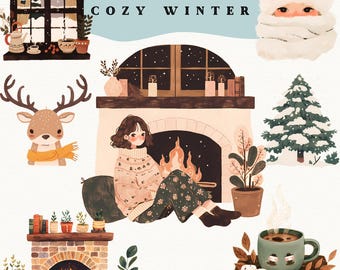 May include: A digital illustration with a cozy winter theme. It features a fireplace, a person sitting near the fire, a deer, a Santa Claus figure, a Christmas tree, and a cup of hot chocolate. The text "29 COZY WINTER" is at the top.
