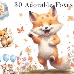 Adorable Foxes Acuarela Clipart Bundle - Imágenes PNG de lindos zorros bebé, Descarga Instand, Uso comercial