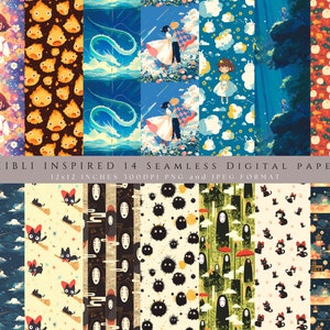 Von Ghibli inspiriertes digitales Papier-Bundle - Nahtlose JPEG- und PNG-Muster - Lebendige Anime-Charakterkunst, sofortiger digitaler Download