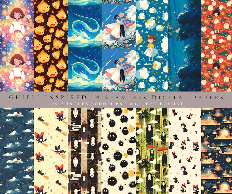 May include: A set of 14 digital paper designs inspired by Studio Ghibli films. The papers feature various characters and elements from the films, including Totoro, No Face, and the Cat Bus. The papers are 12x12 inches and 300 DPI, and are available in PNG and JPEG format.