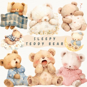 Aquarell Teddy Bär Clipart, schlafende Teddybären, Baby-Dusche Clipart, süße Teddybär Clipart, süße Teddybär Mond, Wolke, schläfrige Bär