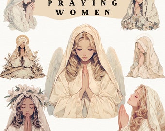 Praying Women Clipart: Religious Stickers, Whimsical Cartoon PNG (Digital Download)