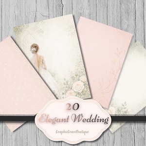 Puede incluir: Un conjunto de cuatro tarjetas elegantes con tem&aacute;tica de boda, con fondos en tonos rosa p&aacute;lido, crema y verde. Una tarjeta presenta una novia, mientras que otras tienen dise&ntilde;os florales y de hojas. Las tarjetas est&aacute;n dispuestas sobre una superficie de madera, con una etiqueta que dice "20 Elegant Wedding".