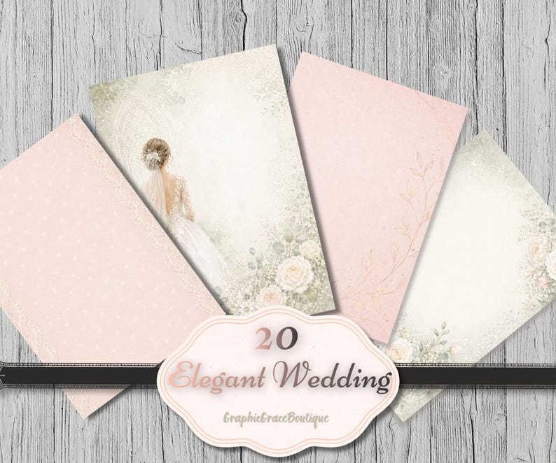 Puede incluir: Un conjunto de cuatro tarjetas elegantes con tem&aacute;tica de boda, con fondos en tonos rosa p&aacute;lido, crema y verde. Una tarjeta presenta una novia, mientras que otras tienen dise&ntilde;os florales y de hojas. Las tarjetas est&aacute;n dispuestas sobre una superficie de madera, con una etiqueta que dice "20 Elegant Wedding".