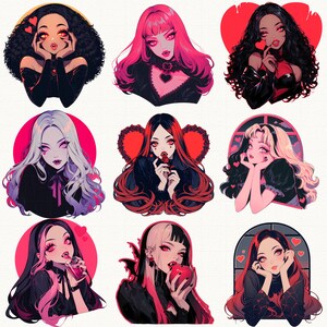May include: Nine digital illustrations of women with dark hair and red accents. Each woman is wearing a different outfit and has a different expression. The illustrations are in a cartoon style and have a gothic aesthetic.
