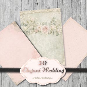 Puede incluir: Un surtido de papeler&iacute;a de boda de estilo vintage. Los dise&ntilde;os presentan tonos rosas y verdes suaves, con detalles florales y de encaje. El texto "20 Elegant Wedding" se muestra en una etiqueta decorativa.