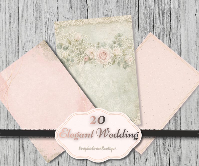 Puede incluir: Un surtido de papeler&iacute;a de boda de estilo vintage. Los dise&ntilde;os presentan tonos rosas y verdes suaves, con detalles florales y de encaje. El texto "20 Elegant Wedding" se muestra en una etiqueta decorativa.