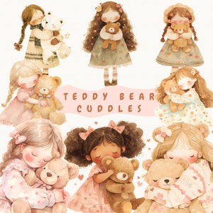 Acquerello pastello ragazze Clipart, vivaio orsacchiotto abbracci, Baby Shower Girl PNG, ragazze carine che abbracciano orsacchiotti Clipart, adorabile coccolone