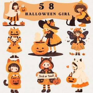 Paquete de imágenes prediseñadas de Little Halloween Girl, adorable chica calabaza, bruja, ilustraciones de Halloween, scrapbooking, pegatina minimalista cottagecore