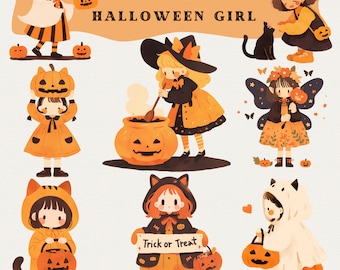 Halloween Girl Clipart Bundle: Watercolor Witch, Pumpkin, Ghost (PNG Digital Download)