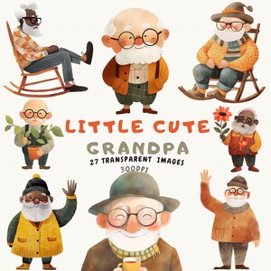 Momenti affascinanti del nonno: raccolta di clipart di adorabili nonni - Sorseggiando il tè, felicità sulla sedia a dondolo e diffusione di gioia - Download istantaneo