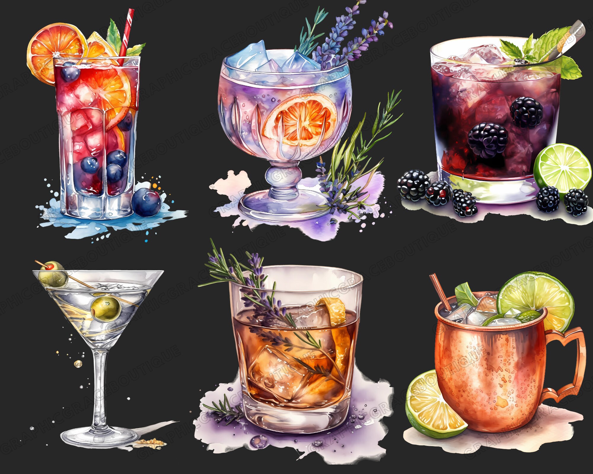 Watercolor Cocktail Clipart Bundle, Tropical Summer Drinks (PNG Digital ...