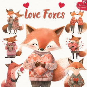 Aquarell Liebe Füchse Clipart, Kinderzimmer Clipart, Valentinstag Tierpaar, romantische Füchse, Liebestag, gestrickt | Transparentes hochwertiges PNG