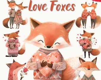 Watercolor Love Fox Clipart Bundle, Valentine Fox PNG, Cute Animal Couple Nursery Digital Download