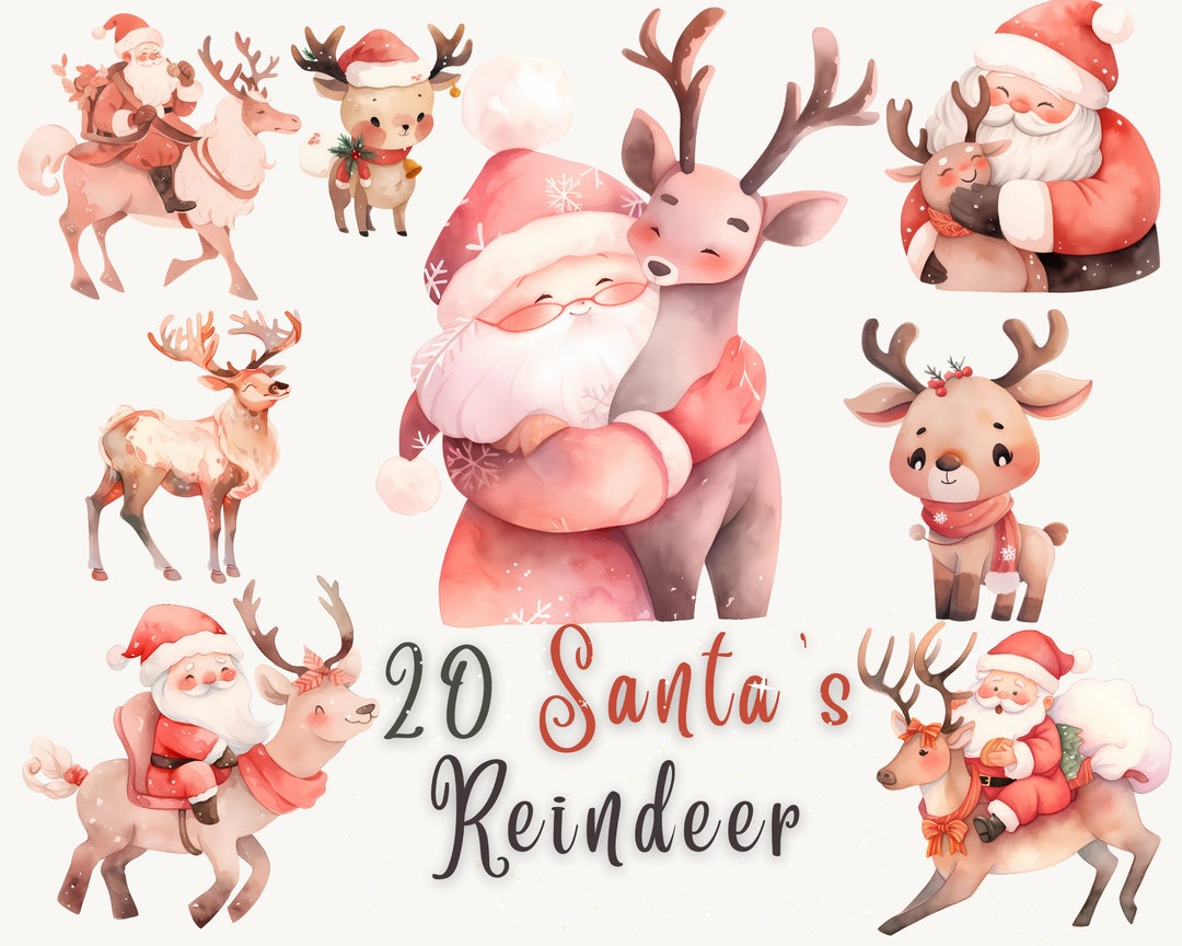 Watercolor Santa's Reindeer Clipart Bundle: Cute Christmas Santa and ...
