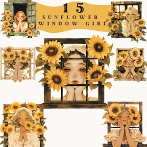 Sunflower Window Girl digital stickers, Sunflower clipart journaling, cozy floral png, whimsical sticker, transparent, scrapbooking, anime