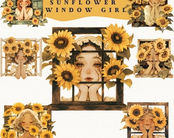 Sunflower Window Girl Clipart: Cozy Floral PNG Stickers (Digital Download)