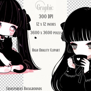 May include: Two digital illustrations of a girl with black hair and a black dress. The girl on the left is holding a black cat. The girl on the right is holding a cup with a heart on it. Both girls have pink accents on their dresses.