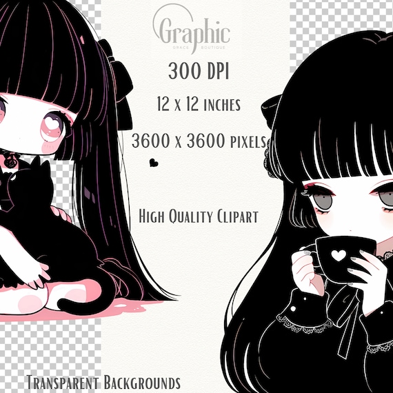 Gothic Girls Clipart Bundle – 24 Cozy Anime Characters PNG for