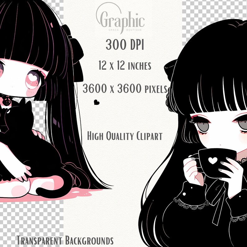 May include: Two digital illustrations of a girl with black hair and a black dress. The girl on the left is holding a black cat. The girl on the right is holding a cup with a heart on it. Both girls have pink accents on their dresses.