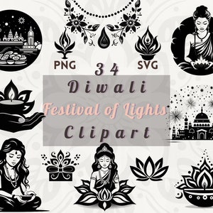 Puede incluir: Imágenes de clipart en blanco y negro de Diwali, el Festival de las Luces. Las imágenes incluyen una mujer sosteniendo una diya, una diya en un loto, una flor de loto, un templo y una mujer meditando.