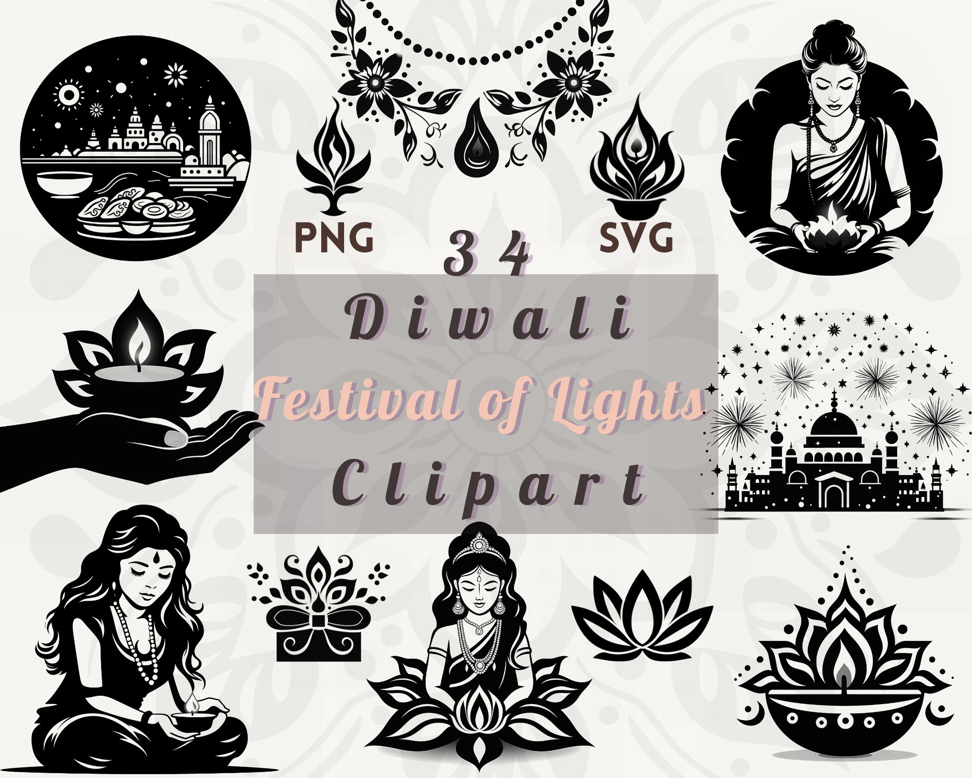 Diwali Digital Clipart Bundle: 34 High-quality Black & White Images ...
