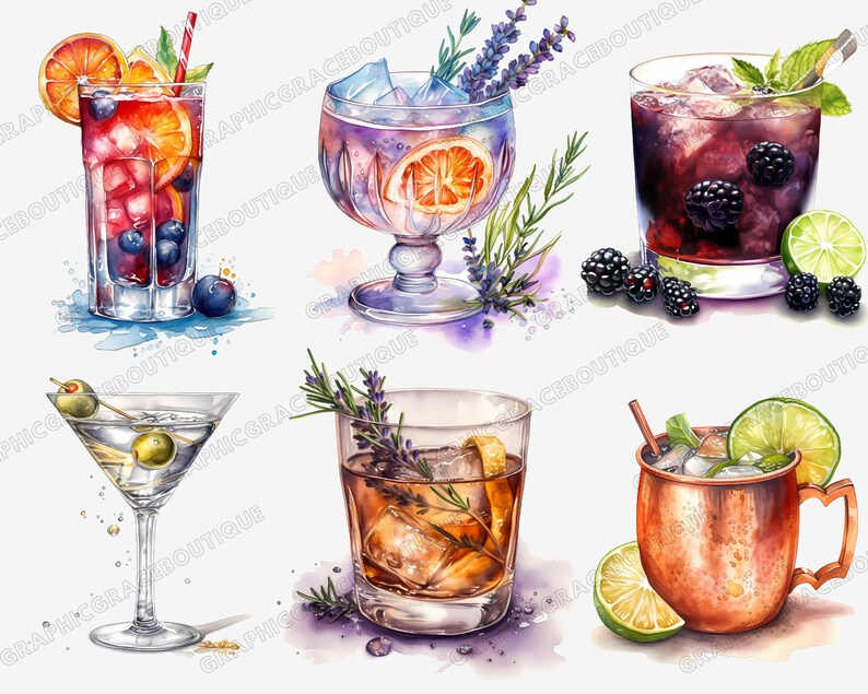 Watercolor Cocktail Clipart Bundle, Tropical Summer Drinks (PNG Digital ...