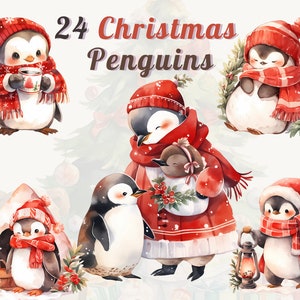 Paquete de imágenes prediseñadas de pingüinos navideños en acuarela: pingüinos lindos con ropa navideña de invierno, adorable regalo de invierno / PNG transparentes de alta calidad