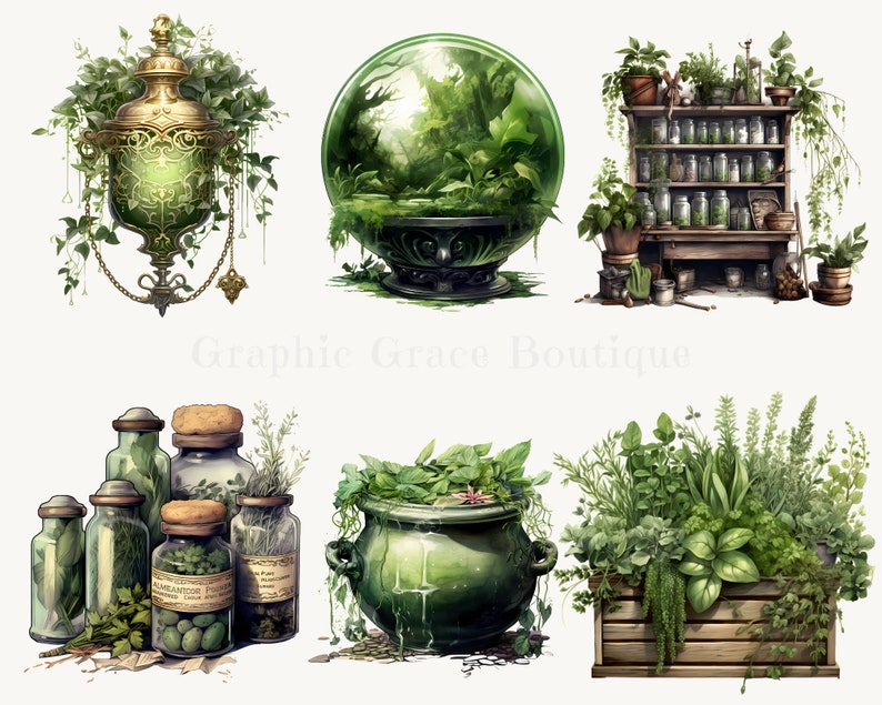 Puede incluir: Ilustraciones en acuarela de elementos de tem&aacute;tica de boticario. La imagen presenta una linterna decorativa verde y dorada, un terrario de cristal, una estanter&iacute;a con tarros y una caja de madera llena de hierbas. Otros elementos incluyen un caldero y tarros de cristal con tapones de corcho.