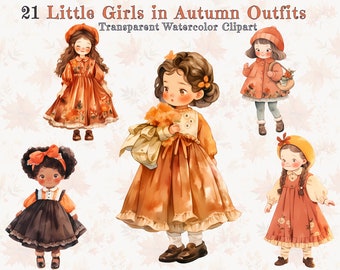 Herbst Mädchen Clipart: Aquarell Cottagecore Outfits (PNG)