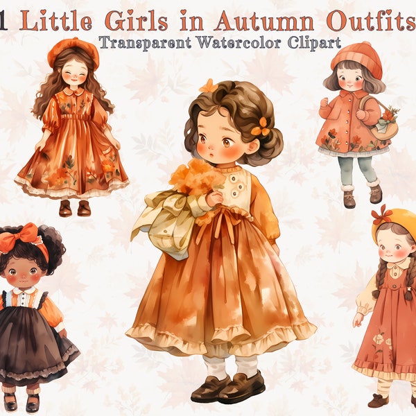 Autumn Girl Clipart - Watercolor Cute Girls wearing Autumn Fashion, Children Outfits Illustration, Cozy Cottagecore Outfits, Transparent PNG