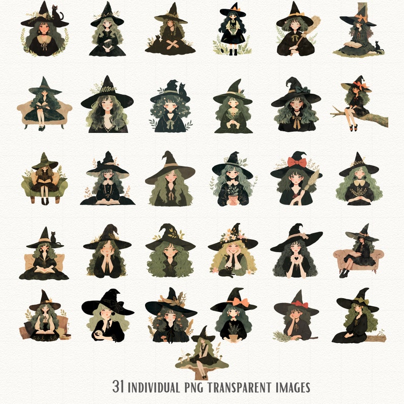 May include: A set of 31 digital illustrations featuring witches with different poses and accessories. The witches are wearing black dresses and pointy hats with green accents. Some witches are holding brooms, books, and other magical items. The illustrations are in a cartoon style and have a whimsical feel.