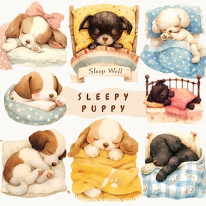 Acquerello adorabile cucciolo assonnato Clipart, cuccioli addormentati, Baby Shower Clipart, clipart cane carino, cani che dormono carini, cucciolo della scuola materna PNG