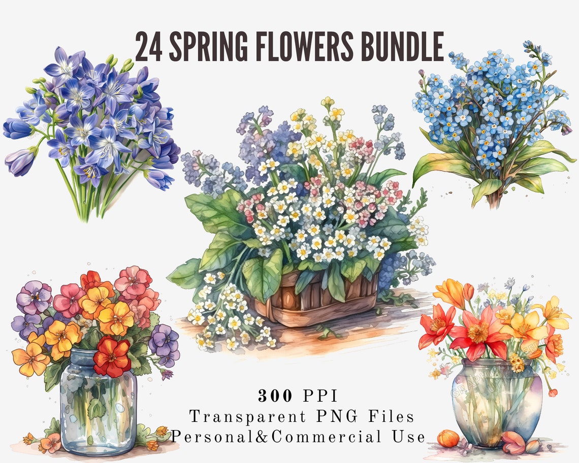 Watercolor Spring Flower Clipart Bundle – PNG Images for Commercial Use ...