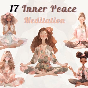 May include: Five women in various poses meditating. The women are wearing floral patterned clothing and have their eyes closed. The text "17 Inner Peace Meditation" is at the top of the image.