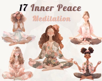 Boho Watercolor Meditation Clipart PNG – Mindfulness & Yoga Art, Chakra Symbols, Spiritual Woman Graphics for Sublimation, Cricut Journals
