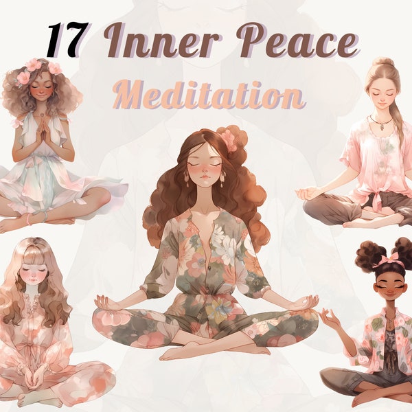 Watercolor Meditation Clipart Bundle - Images for Mindfulness, Spiritual Woman, Inner Peace, Boho Floral Fashion, High-Quality PNG And SVG
