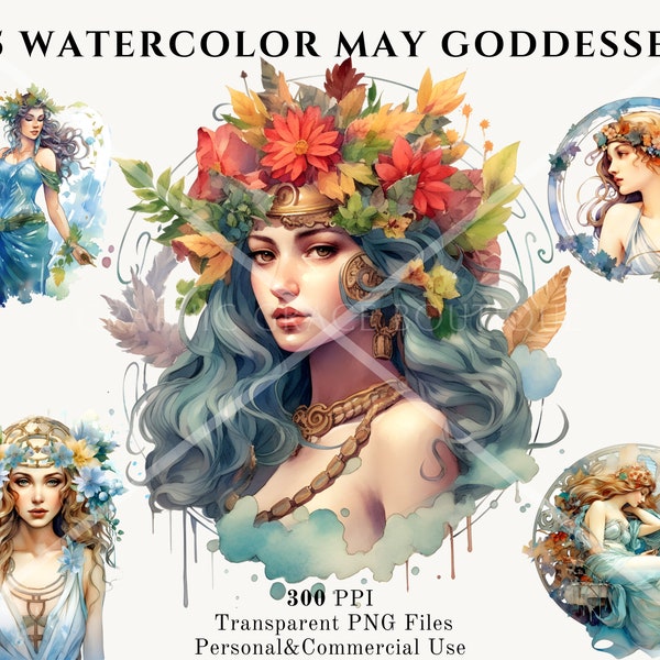 Watercolor May Goddess ClipArt Bundle - PNG Images for Crafts and Art, Feminine art, floral design, Instant Download, Commercial Use