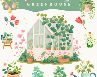 Paquete de imágenes prediseñadas de invernadero en acuarela (PNG): plantas botánicas, herramientas de jardín y acogedoras escenas de jardín para pegatinas, álbumes de recortes y arte digital.