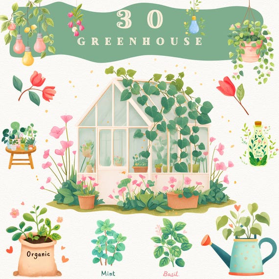 Watercolor Greenhouse Clipart Bundle PNG – Botanical Plants, Garden Tools & Cozy Garden Scenes for Stickers, Scrapbooks Digital Art