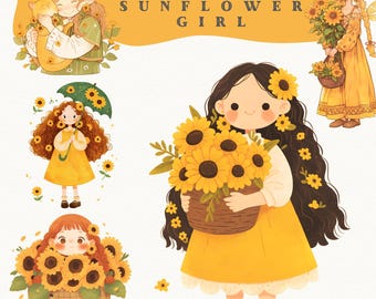 May include: A digital illustration featuring multiple images of girls with sunflowers. The girls are wearing yellow dresses and holding sunflowers. The text "24 SUNFLOWER GIRL" is at the top. The overall theme is whimsical and cheerful.