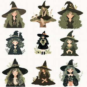 May include: A digital illustration of ten witches wearing black and green pointed hats with various floral and foliage accents. Each witch is holding a small plant or a black cat. The background is white.